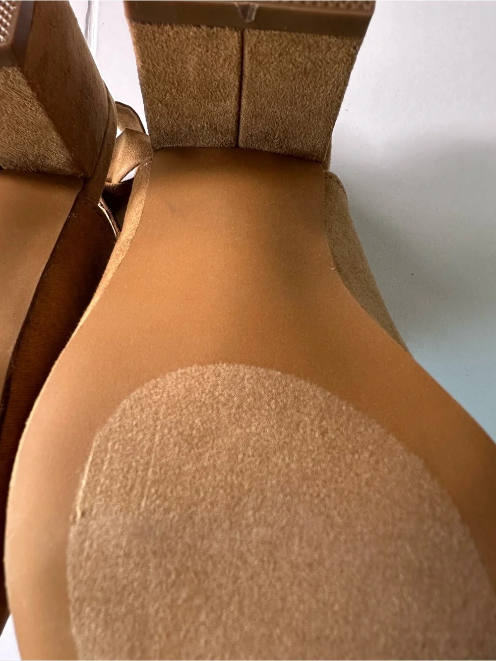 JustFab Tan Suede Peep-Toe Ankle Tie Mules - Picture 8 of 12